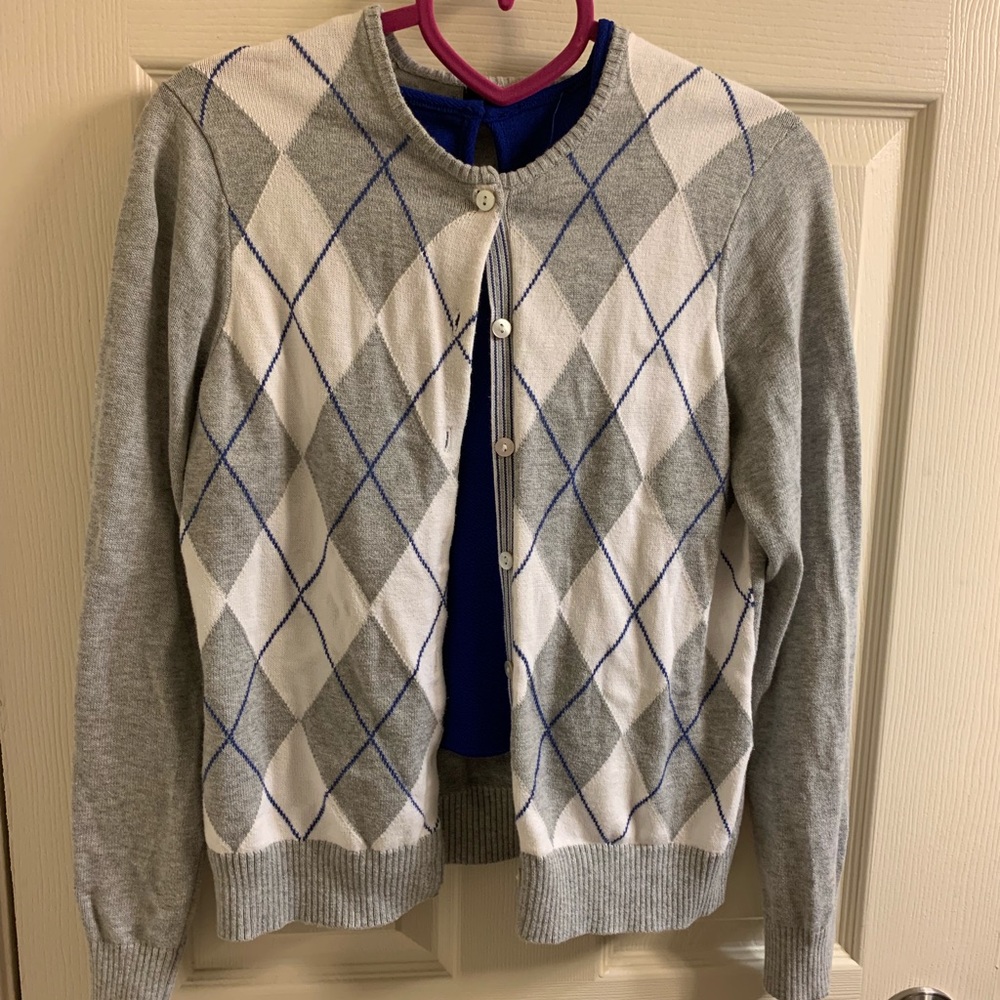Light gray white and blue argyle button cardigan